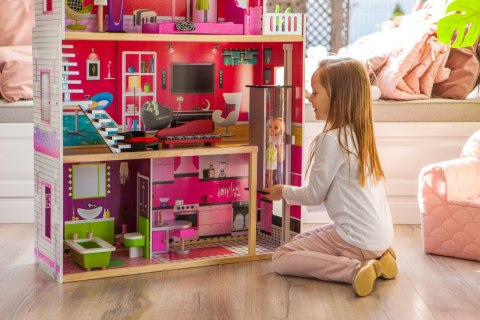 Drewniany Domek dla Lalek Malibu z Windą i Mebelkami – ECOTOYS Drewniany Domek dla Lalek Malibu z Windą i Mebelkami – ECOTOYS
