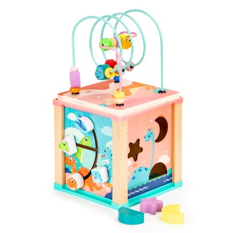 Drewniana Kostka Edukacyjna Dino – Sorter, Mula, Tablica i Koła Zębate ECOTOYS Drewniana Kostka Edukacyjna Dino – Sorter, Mula, Tablica i Koła Zębate ECOTOYS