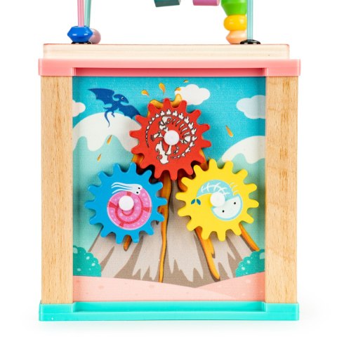 Drewniana Kostka Edukacyjna Dino – Sorter, Mula, Tablica i Koła Zębate ECOTOYS Drewniana Kostka Edukacyjna Dino – Sorter, Mula, Tablica i Koła Zębate ECOTOYS