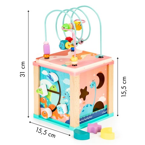 Drewniana Kostka Edukacyjna Dino – Sorter, Mula, Tablica i Koła Zębate ECOTOYS Drewniana Kostka Edukacyjna Dino – Sorter, Mula, Tablica i Koła Zębate ECOTOYS