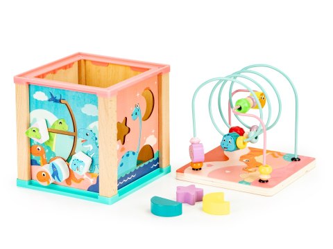 Drewniana Kostka Edukacyjna Dino – Sorter, Mula, Tablica i Koła Zębate ECOTOYS Drewniana Kostka Edukacyjna Dino – Sorter, Mula, Tablica i Koła Zębate ECOTOYS