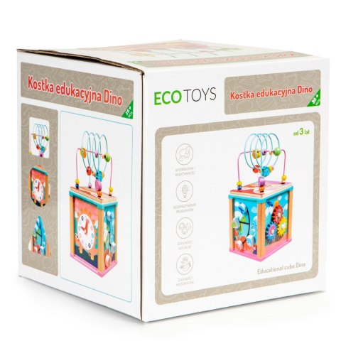 Drewniana Kostka Edukacyjna Dino – Sorter, Mula, Tablica i Koła Zębate ECOTOYS Drewniana Kostka Edukacyjna Dino – Sorter, Mula, Tablica i Koła Zębate ECOTOYS