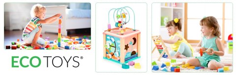 Drewniana Kostka Edukacyjna Dino – Sorter, Mula, Tablica i Koła Zębate ECOTOYS Drewniana Kostka Edukacyjna Dino – Sorter, Mula, Tablica i Koła Zębate ECOTOYS