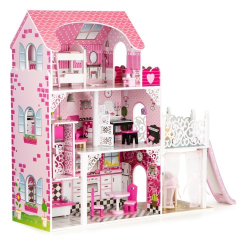 Drewniany Domek dla Lalek z Windą XXL i Zjeżdżalnią ECOTOYS - 3 Poziomy, 16 Mebelków Drewniany Domek dla Lalek z Windą XXL i Zjeżdżalnią ECOTOYS - 3 Poziomy, 16 Mebelków