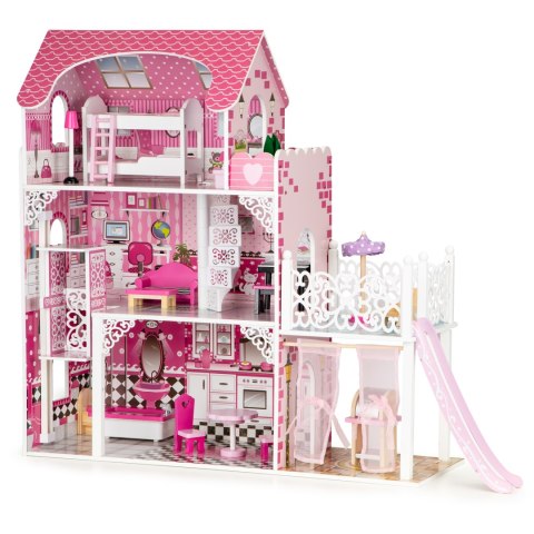 Drewniany Domek dla Lalek z Windą XXL i Zjeżdżalnią ECOTOYS - 3 Poziomy, 16 Mebelków Drewniany Domek dla Lalek z Windą XXL i Zjeżdżalnią ECOTOYS - 3 Poziomy, 16 Mebelków