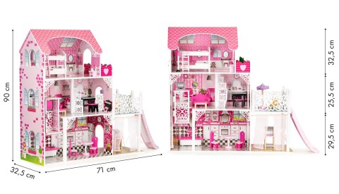 Drewniany Domek dla Lalek z Windą XXL i Zjeżdżalnią ECOTOYS - 3 Poziomy, 16 Mebelków Drewniany Domek dla Lalek z Windą XXL i Zjeżdżalnią ECOTOYS - 3 Poziomy, 16 Mebelków
