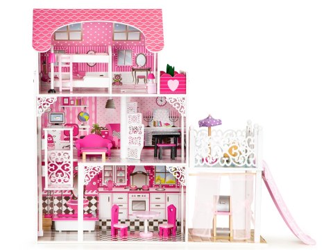 Drewniany Domek dla Lalek z Windą XXL i Zjeżdżalnią ECOTOYS - 3 Poziomy, 16 Mebelków Drewniany Domek dla Lalek z Windą XXL i Zjeżdżalnią ECOTOYS - 3 Poziomy, 16 Mebelków
