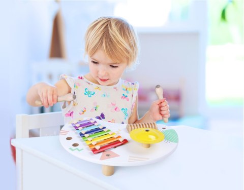 Drewniany Stolik Muzyczny Z Instrumentami – Cymbałki, Tarka, Talerz ECOTOYS Drewniany Stolik Muzyczny Z Instrumentami – Cymbałki, Tarka, Talerz ECOTOYS