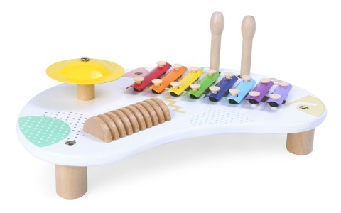 Drewniany Stolik Muzyczny Z Instrumentami – Cymbałki, Tarka, Talerz ECOTOYS Drewniany Stolik Muzyczny Z Instrumentami – Cymbałki, Tarka, Talerz ECOTOYS