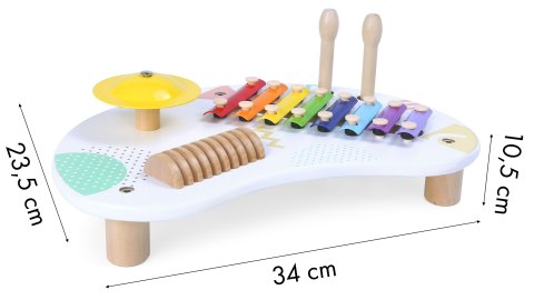 Drewniany Stolik Muzyczny Z Instrumentami – Cymbałki, Tarka, Talerz ECOTOYS Drewniany Stolik Muzyczny Z Instrumentami – Cymbałki, Tarka, Talerz ECOTOYS