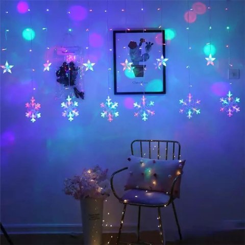 Lampki świąteczne światełka kurtyna płatki śniegu gwiazdki 4 m 138LED Lampki świąteczne światełka kurtyna płatki śniegu gwiazdki 4 m 138LED