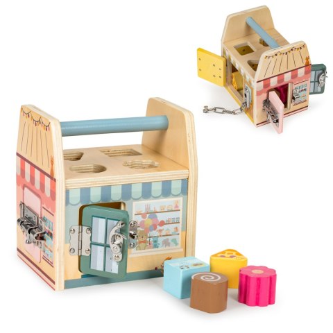 Drewniany Sorter dla Dzieci kostka edukacyjna , cztery zamki, uchwyt Drewniany Sorter dla Dzieci kostka edukacyjna , cztery zamki, uchwyt