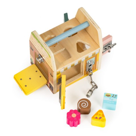 Drewniany Sorter dla Dzieci kostka edukacyjna , cztery zamki, uchwyt Drewniany Sorter dla Dzieci kostka edukacyjna , cztery zamki, uchwyt