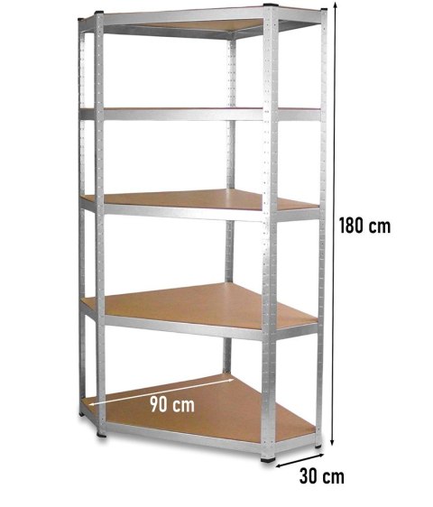 Narożny Regał Magazynowy 180x90x30 cm – Stal Ocynkowana, MDF
