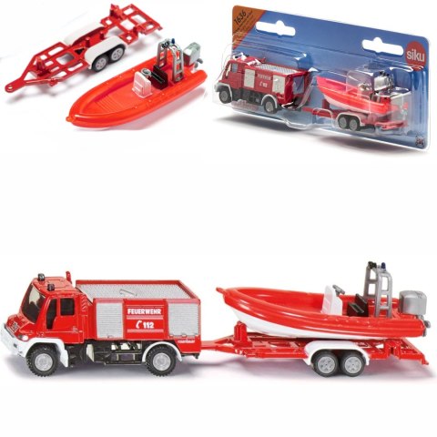 Siku Straż pożarna Unimog z łodzią - metalowy model S1636 Siku Straż pożarna Unimog z łodzią - metalowy model S1636