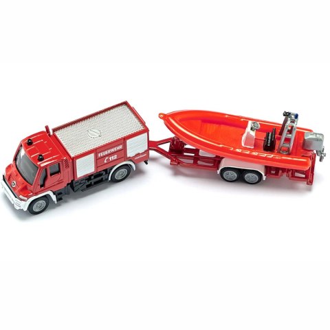 Siku Straż pożarna Unimog z łodzią - metalowy model S1636 Siku Straż pożarna Unimog z łodzią - metalowy model S1636