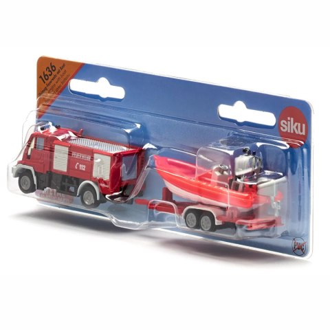 Siku Straż pożarna Unimog z łodzią - metalowy model S1636 Siku Straż pożarna Unimog z łodzią - metalowy model S1636