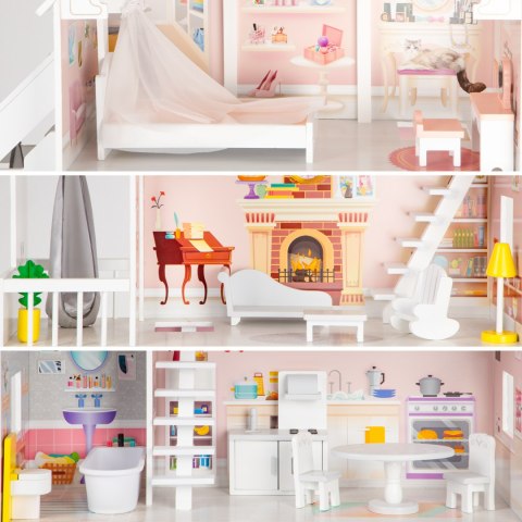 Drewniany Domek dla Lalek "Rezydencja Pudrowa" ECOTOYS - 3 Poziomy, 15 Mebelków Drewniany Domek dla Lalek "Rezydencja Pudrowa" ECOTOYS - 3 Poziomy, 15 Mebelków