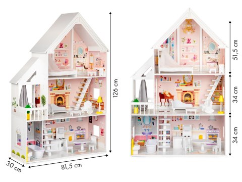 Drewniany Domek dla Lalek "Rezydencja Pudrowa" ECOTOYS - 3 Poziomy, 15 Mebelków Drewniany Domek dla Lalek "Rezydencja Pudrowa" ECOTOYS - 3 Poziomy, 15 Mebelków
