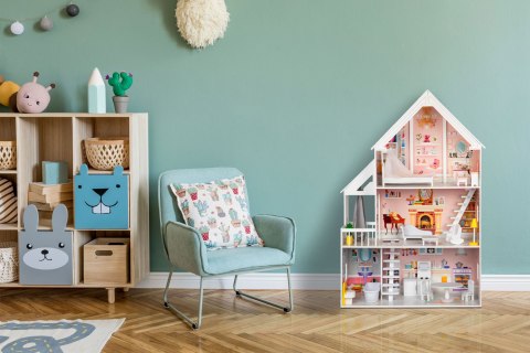 Drewniany Domek dla Lalek "Rezydencja Pudrowa" ECOTOYS - 3 Poziomy, 15 Mebelków Drewniany Domek dla Lalek "Rezydencja Pudrowa" ECOTOYS - 3 Poziomy, 15 Mebelków