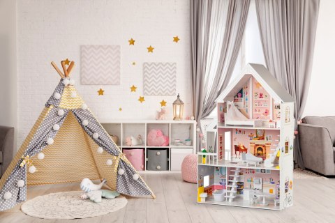 Drewniany Domek dla Lalek "Rezydencja Pudrowa" ECOTOYS - 3 Poziomy, 15 Mebelków Drewniany Domek dla Lalek "Rezydencja Pudrowa" ECOTOYS - 3 Poziomy, 15 Mebelków