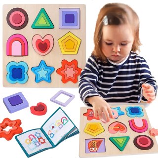 Puzzle Edukacyjne Montessori – Dopasowywanie Figur i Kształtów z Drewna