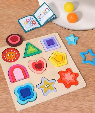 Puzzle Edukacyjne Montessori – Dopasowywanie Figur i Kształtów z Drewna