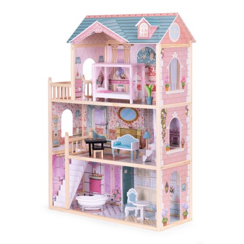 Duży Drewniany Domek dla Lalek z 3 Piętrami i 11 Mebelkami ECOTOYS Duży Drewniany Domek dla Lalek z 3 Piętrami i 11 Mebelkami ECOTOYS