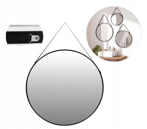 Okrągłe lustro ścienne 80 cm wiszące na pasku nowoczesne czarna rama ModernHome Okrągłe lustro ścienne 80 cm wiszące na pasku nowoczesne czarna rama ModernHome