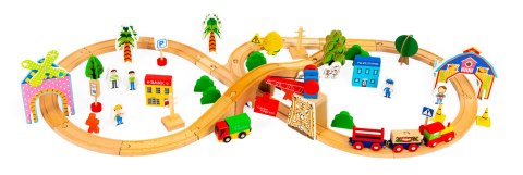 Drewniana Kolejka Z Torami ECOTOYS 74 Elementów Tory, Mosty, Tunel I Autka Drewniana Kolejka Z Torami ECOTOYS 74 Elementów Tory, Mosty, Tunel I Autka