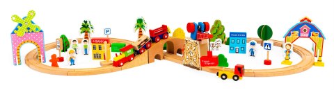 Drewniana Kolejka Z Torami ECOTOYS 74 Elementów Tory, Mosty, Tunel I Autka Drewniana Kolejka Z Torami ECOTOYS 74 Elementów Tory, Mosty, Tunel I Autka