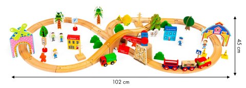 Drewniana Kolejka Z Torami ECOTOYS 74 Elementów Tory, Mosty, Tunel I Autka Drewniana Kolejka Z Torami ECOTOYS 74 Elementów Tory, Mosty, Tunel I Autka