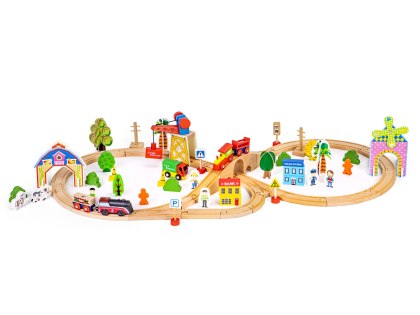 Drewniana Kolejka Z Torami ECOTOYS 74 Elementów Tory, Mosty, Tunel I Autka