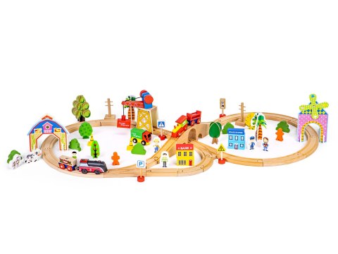 Drewniana Kolejka Z Torami ECOTOYS 74 Elementów Tory, Mosty, Tunel I Autka Drewniana Kolejka Z Torami ECOTOYS 74 Elementów Tory, Mosty, Tunel I Autka