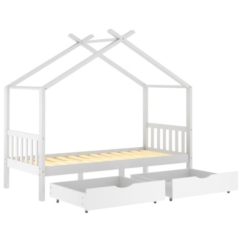 Drewniana Rama Łóżko dla Dzieci z Szufladami - Biały Domek 90x200 cm Drewniana Rama Łóżko dla Dzieci z Szufladami - Biały Domek 90x200 cm