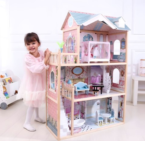 Duży Drewniany Domek dla Lalek z 3 Piętrami i 11 Mebelkami ECOTOYS Duży Drewniany Domek dla Lalek z 3 Piętrami i 11 Mebelkami ECOTOYS