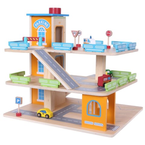 Drewniany garaż tor z windą ECOTOYS + autka parking samochodowy Drewniany garaż tor z windą ECOTOYS + autka parking samochodowy