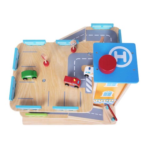 Drewniany garaż tor z windą ECOTOYS + autka parking samochodowy Drewniany garaż tor z windą ECOTOYS + autka parking samochodowy