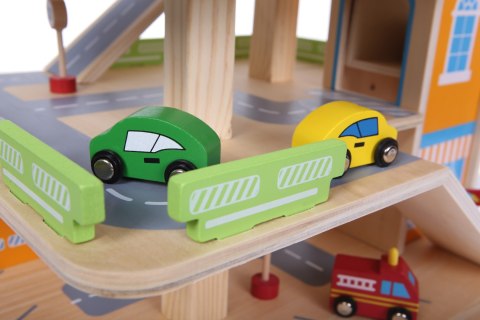 Drewniany garaż tor z windą ECOTOYS + autka parking samochodowy Drewniany garaż tor z windą ECOTOYS + autka parking samochodowy