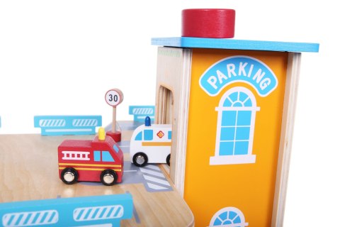 Drewniany garaż tor z windą ECOTOYS + autka parking samochodowy Drewniany garaż tor z windą ECOTOYS + autka parking samochodowy