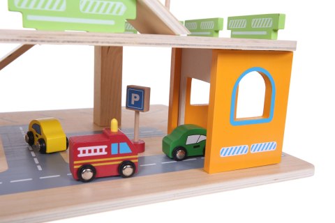 Drewniany garaż tor z windą ECOTOYS + autka parking samochodowy Drewniany garaż tor z windą ECOTOYS + autka parking samochodowy