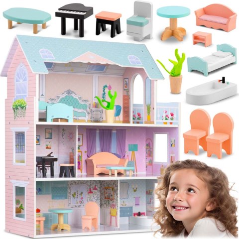 Duży Drewniany Domek dla Lalek Ricokids 70 cm – 3 piętra z mebelkami Duży Drewniany Domek dla Lalek Ricokids 70 cm – 3 piętra z mebelkami