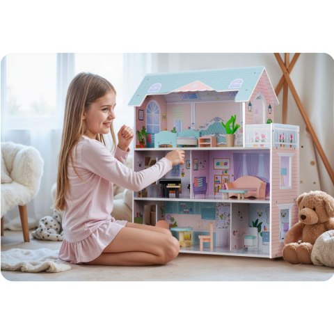 Duży Drewniany Domek dla Lalek Ricokids 70 cm – 3 piętra z mebelkami Duży Drewniany Domek dla Lalek Ricokids 70 cm – 3 piętra z mebelkami