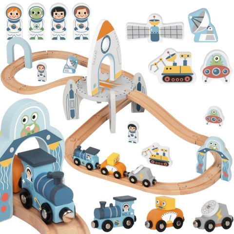 Drewniana kolejka kosmiczna Tooky Toy tor pociąg rakieta zestaw