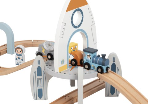 Drewniana kolejka kosmiczna Tooky Toy tor pociąg rakieta zestaw
