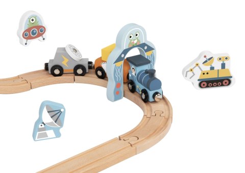 Drewniana kolejka kosmiczna Tooky Toy tor pociąg rakieta zestaw