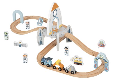 Drewniana kolejka kosmiczna Tooky Toy tor pociąg rakieta zestaw