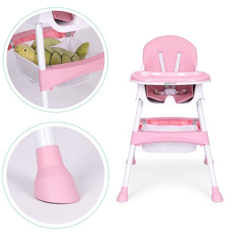 Krzesełko Do Karmienia ECOTOYS Pink Z Tacką I Koszem, 5 Punktowe pasy Krzesełko Do Karmienia ECOTOYS Pink Z Tacką I Koszem, 5 Punktowe pasy