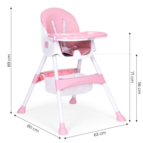 Krzesełko Do Karmienia ECOTOYS Pink Z Tacką I Koszem, 5 Punktowe pasy Krzesełko Do Karmienia ECOTOYS Pink Z Tacką I Koszem, 5 Punktowe pasy