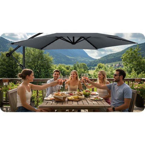 Duży Parasol Ogrodowy z Pokrowcem i lampkami LED 350 cm Plonos 6 segmentowy Duży Parasol Ogrodowy z Pokrowcem i lampkami LED 350 cm Plonos 6 segmentowy